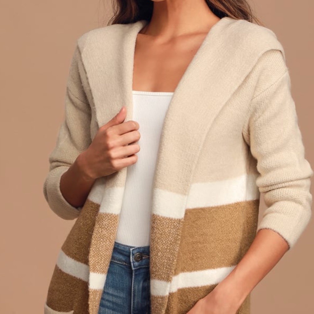 Carlsbad Tan and Beige Hooded Cardigan Sweater - M